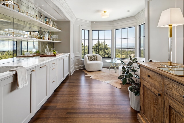 bar featuring pendant lighting, white cabinetry, dark wood-type flooring, and ornamental molding