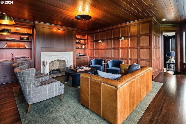 living room with built in shelves, wood walls, wood ceiling, and dark wood-type flooring