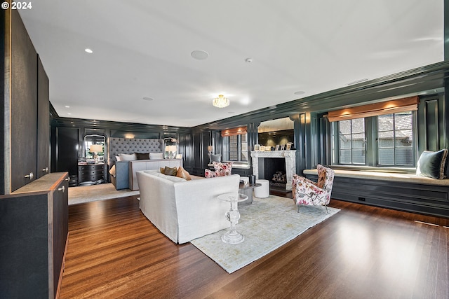 living room featuring dark wood-type flooring