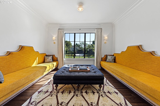 living room featuring crown molding and dark hardwood / wood-style flooring