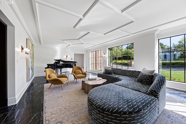 living room featuring crown molding