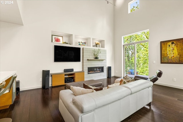 living room featuring a high ceiling and dark wood-type flooring