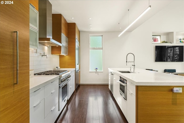 kitchen with backsplash, sink, appliances with stainless steel finishes, wall chimney exhaust hood, and white cabinets