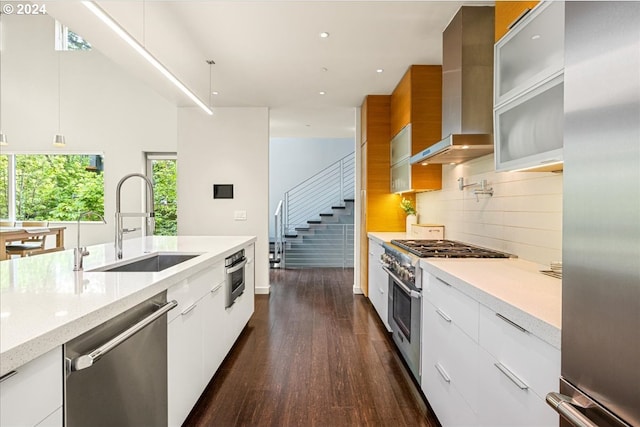 kitchen featuring stainless steel appliances, white cabinetry, wall chimney exhaust hood, sink, and dark wood-type flooring