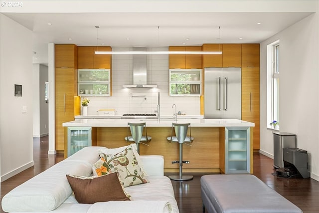 living room with dark hardwood / wood-style floors