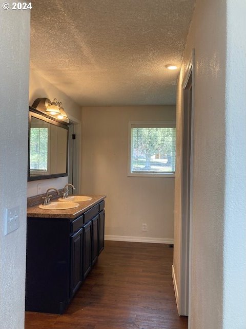 bathroom featuring hardwood / wood-style flooring, vanity, and a textured ceiling