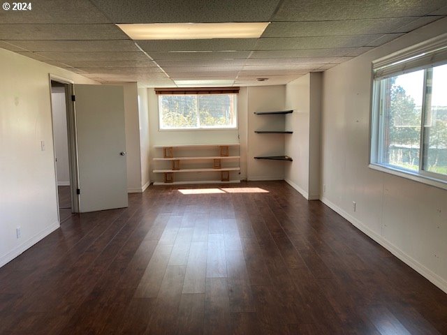 empty room featuring a drop ceiling and dark hardwood / wood-style floors