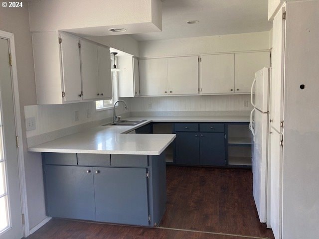 kitchen with sink, dark wood-type flooring, kitchen peninsula, and white cabinets