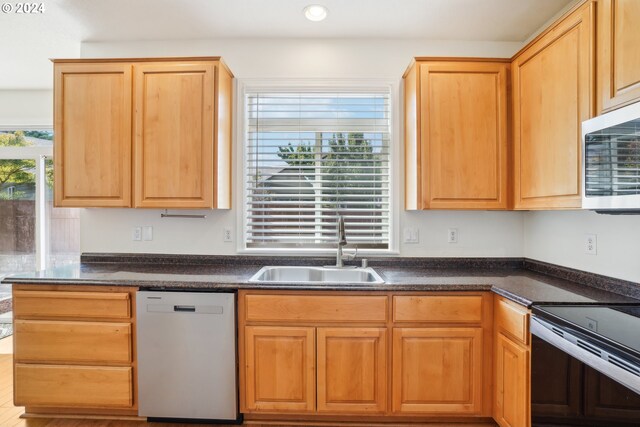 kitchen featuring appliances with stainless steel finishes, a wealth of natural light, hardwood / wood-style flooring, and sink