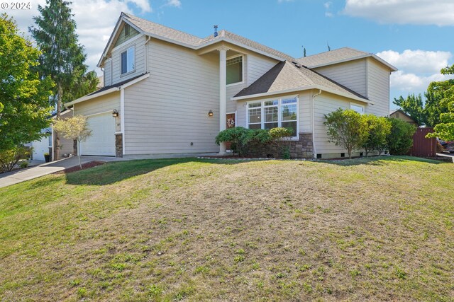 exterior space featuring a garage and a lawn