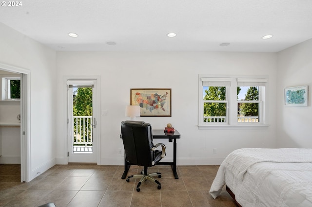 bedroom featuring tile patterned flooring, access to exterior, recessed lighting, and baseboards