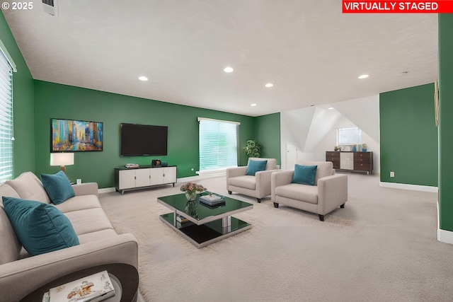 living room featuring light colored carpet