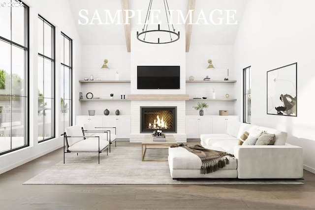 living room featuring wood-type flooring and lofted ceiling