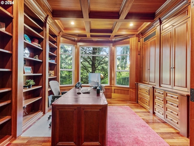 office area featuring crown molding, wood ceiling, coffered ceiling, and wooden walls