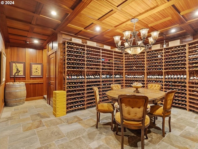 wine room featuring a notable chandelier, wooden walls, and wooden ceiling