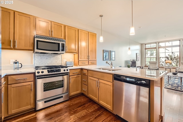 kitchen with dark hardwood / wood-style floors, pendant lighting, sink, kitchen peninsula, and stainless steel appliances