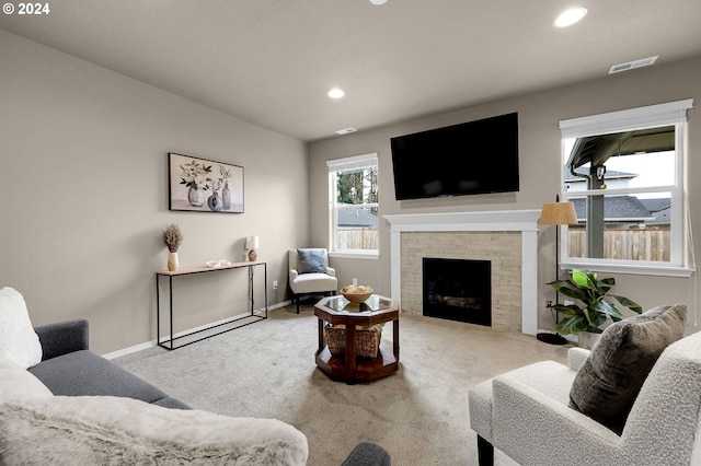 living room with light colored carpet