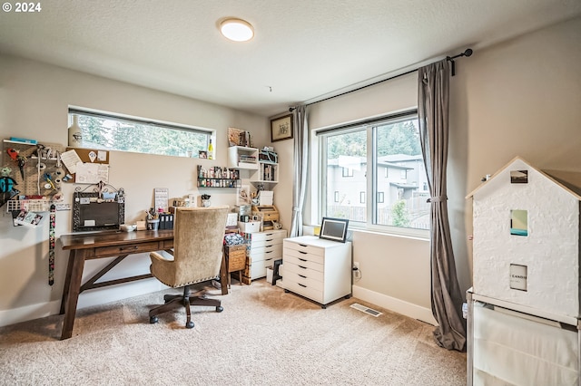 office space with light carpet and a textured ceiling