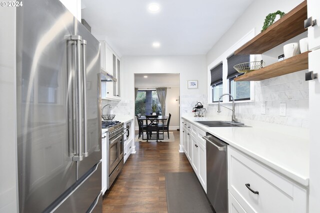 kitchen featuring white cabinets, sink, dark hardwood / wood-style floors, tasteful backsplash, and premium appliances