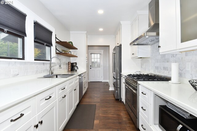 kitchen with premium appliances, a healthy amount of sunlight, sink, wall chimney range hood, and white cabinetry