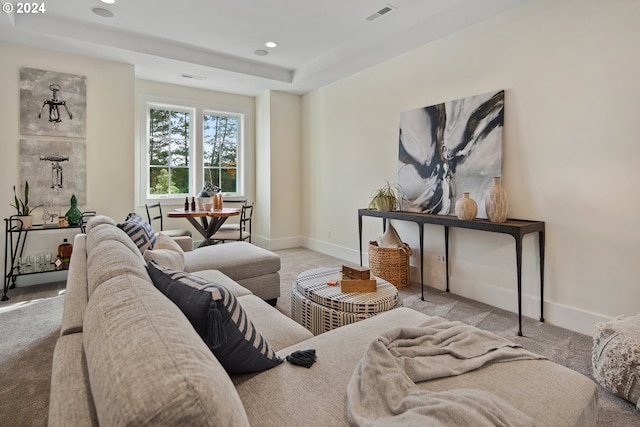 carpeted living room with a raised ceiling