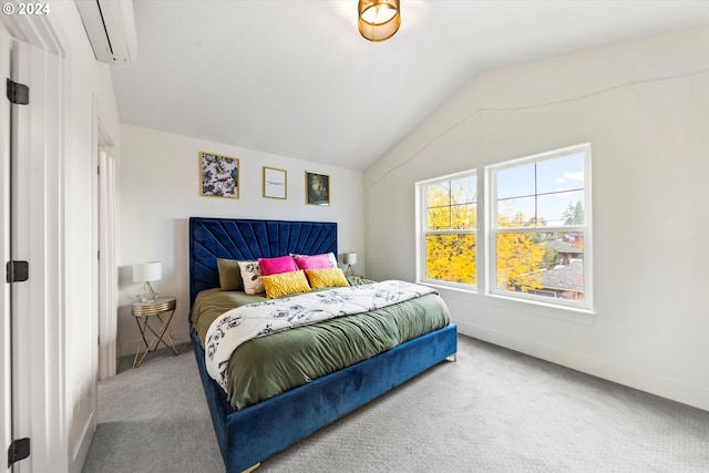 bedroom with carpet flooring, a wall mounted air conditioner, and lofted ceiling