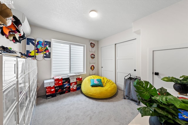 recreation room with a textured ceiling and carpet floors