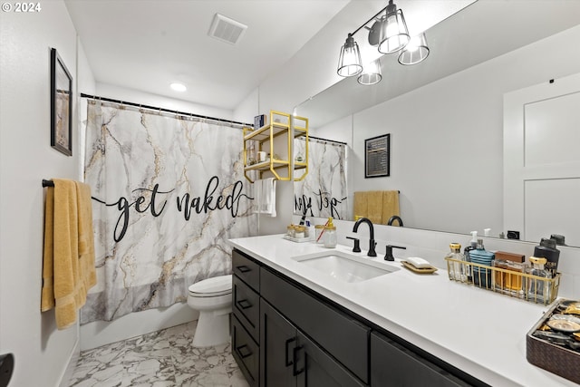 full bathroom with tile patterned floors, vanity, shower / tub combo, and toilet