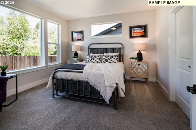 bedroom with dark carpet