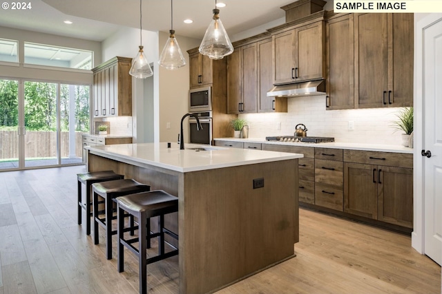 kitchen with sink, hanging light fixtures, light hardwood / wood-style flooring, an island with sink, and appliances with stainless steel finishes