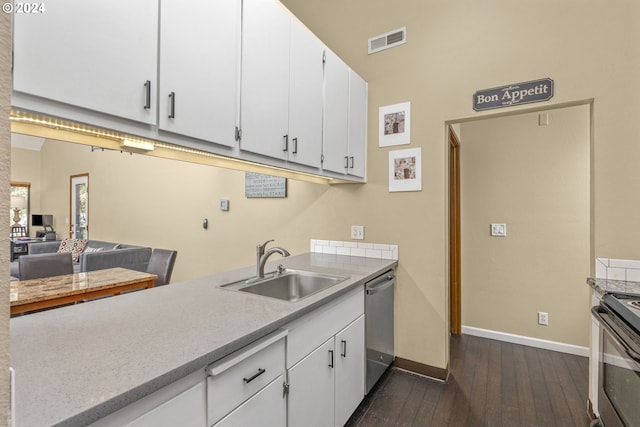 kitchen featuring stainless steel appliances, white cabinets, dark hardwood / wood-style flooring, and sink