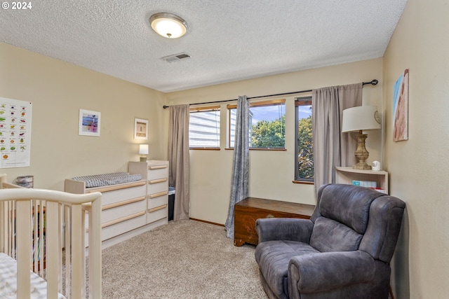 carpeted bedroom featuring a textured ceiling