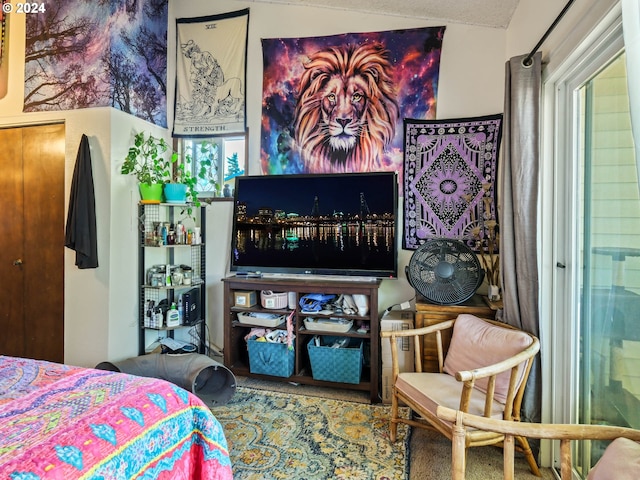 bedroom featuring carpet flooring and multiple windows