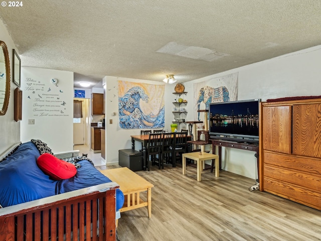 living room with a textured ceiling and hardwood / wood-style flooring