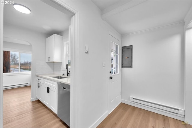 kitchen with baseboard heating, electric panel, dishwasher, and sink