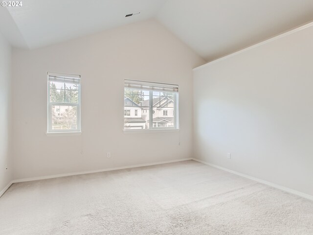 empty room featuring high vaulted ceiling and carpet floors