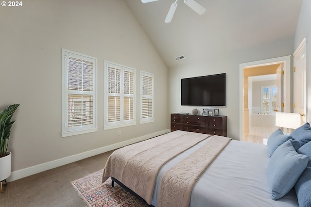 bedroom with carpet floors, high vaulted ceiling, and ceiling fan