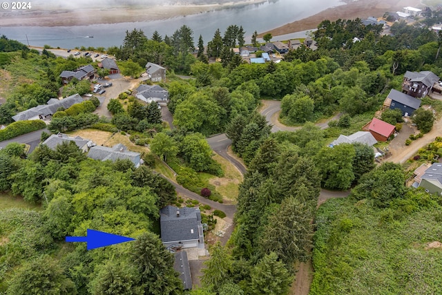 drone / aerial view featuring a water view