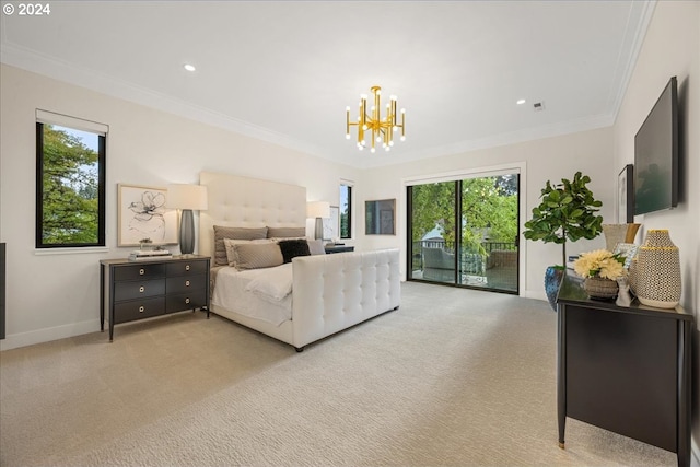 bedroom featuring multiple windows, light colored carpet, and access to outside