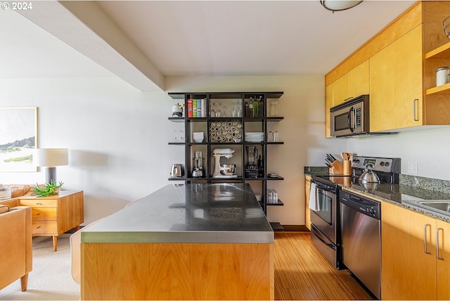 kitchen featuring light carpet, appliances with stainless steel finishes, and a center island