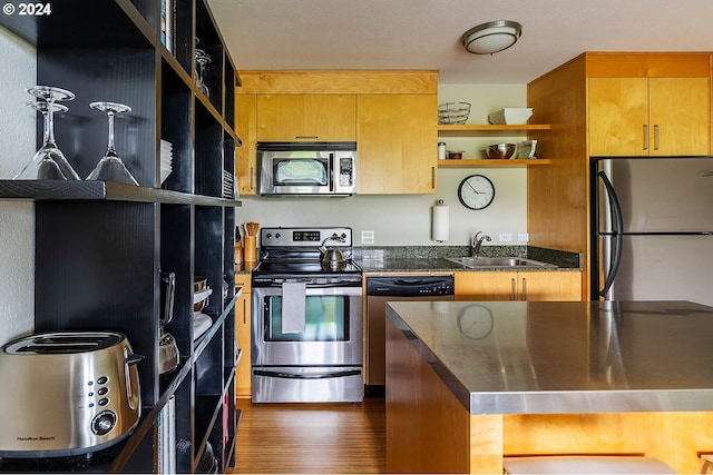 kitchen featuring stainless steel counters, appliances with stainless steel finishes, dark wood-type flooring, and sink