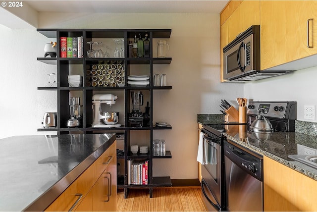 kitchen with stainless steel counters, light wood-type flooring, and stainless steel appliances