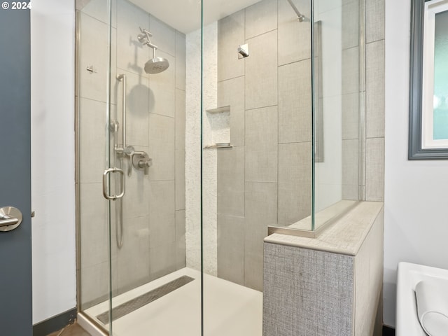 bathroom featuring a shower with door