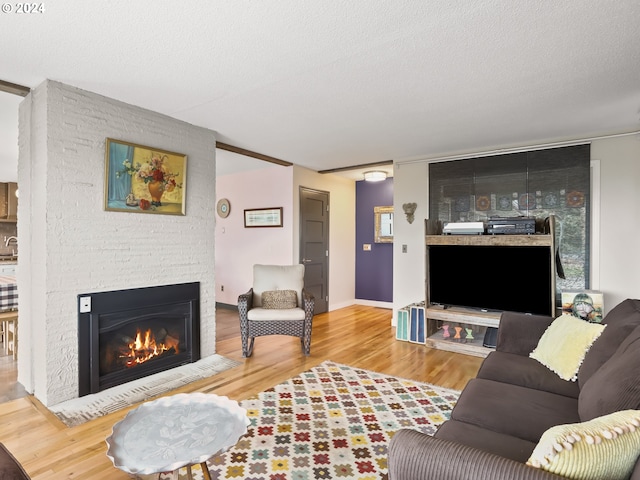 living room with a fireplace, a textured ceiling, and light hardwood / wood-style flooring