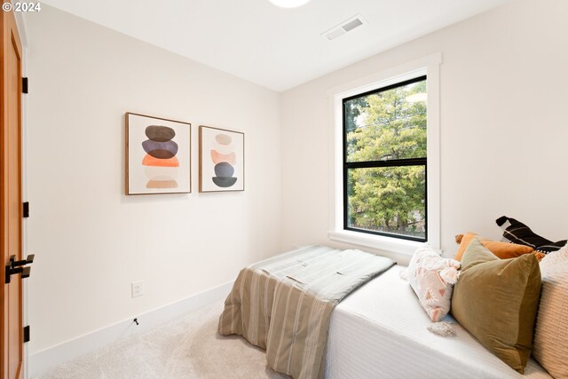 bedroom with multiple windows and light carpet