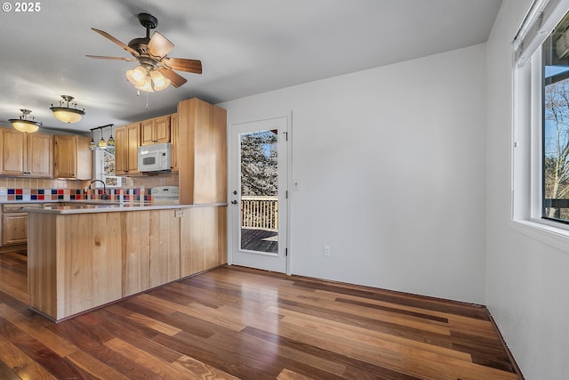 kitchen with white microwave, plenty of natural light, tasteful backsplash, and dark wood-style floors