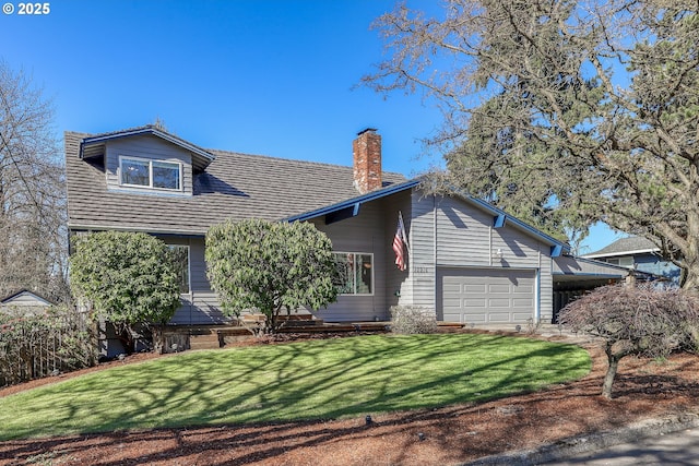 view of front of house with a front lawn, driveway, and a chimney