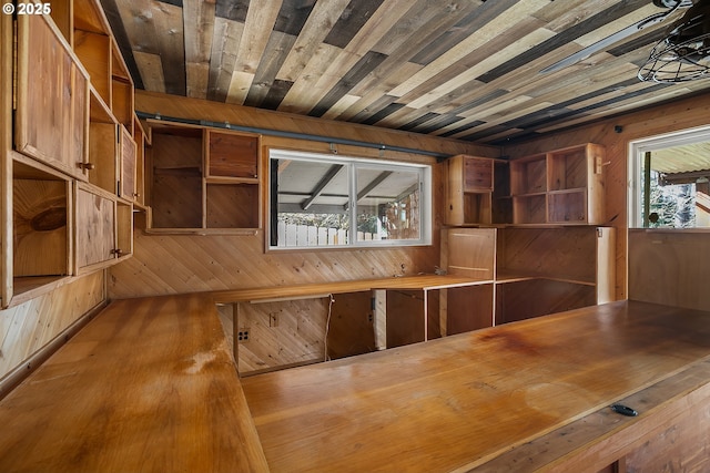 unfurnished office featuring wood ceiling and wood walls