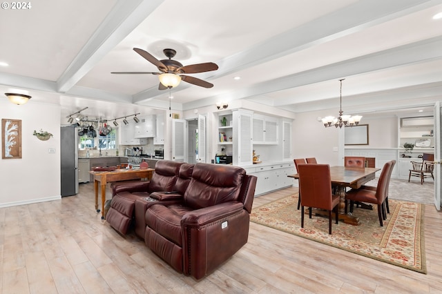 living room featuring beamed ceiling, sink, ceiling fan with notable chandelier, and light hardwood / wood-style flooring