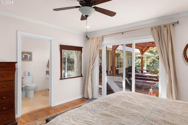 bedroom featuring multiple windows, ornamental molding, and light hardwood / wood-style flooring